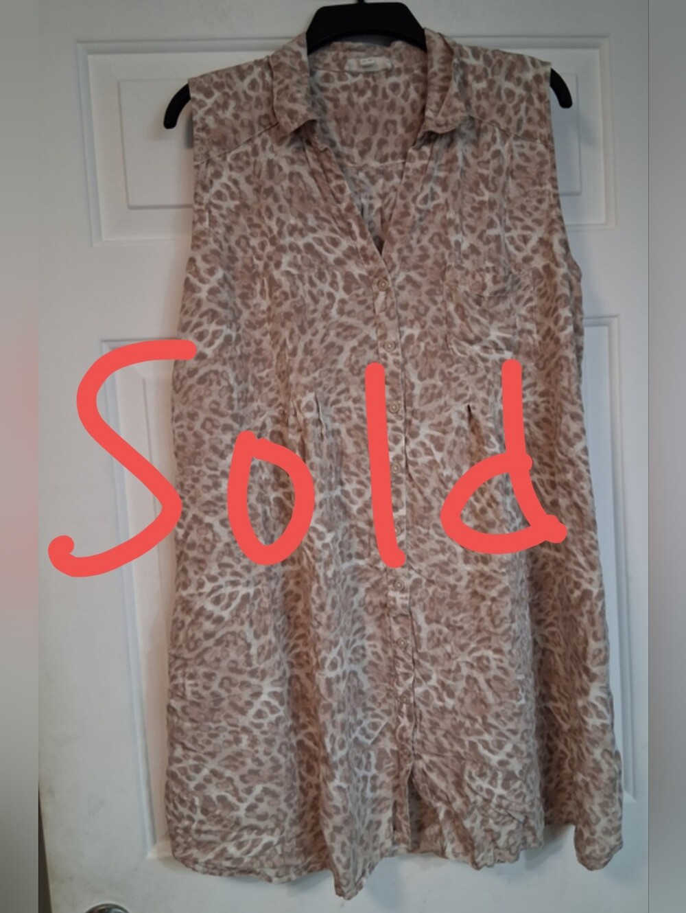 Beachlunchlounge Sleeveless Button-Front Tie Tunic Beige Leopard Long Blouse XL
